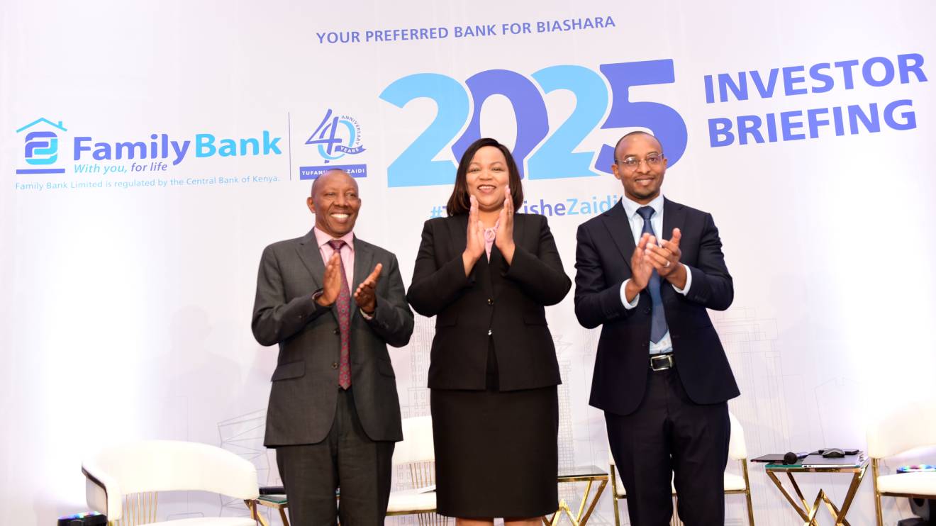 Family Bank Chair Lazarus Muema, CEO Nancy Njau, and Ag. Chief Finance Officer Paul Ngaragari during the Bank’s Q1 2025 financial results media and investor briefing. PHOTO/COURTESY